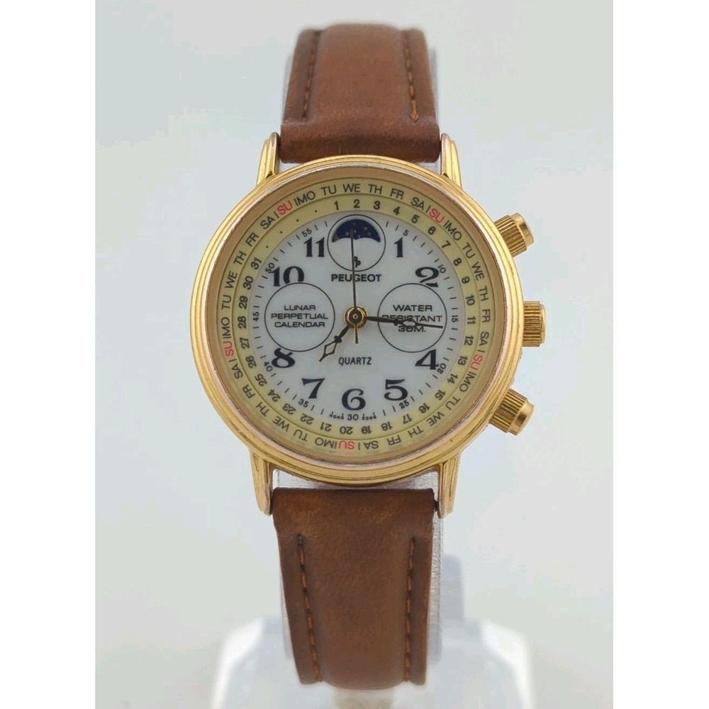 Vtg Womens Peugeot 28mm Quartz Perpetual Calendar Moon Phase Watch - New Battery